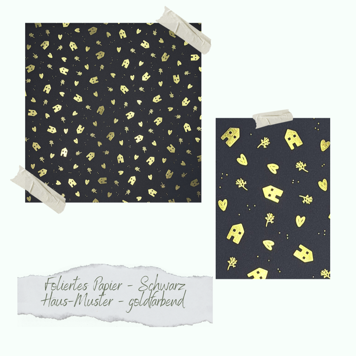 Foliertes Papier - Schwarz - Haus-Muster - goldfarbend